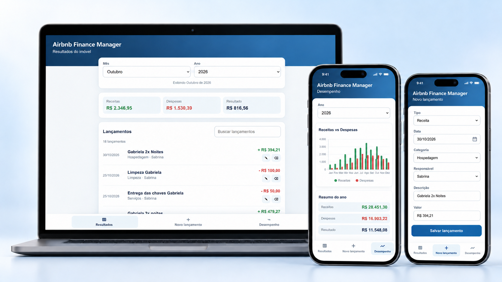 Airbnb Finance Manager on a laptop and two phones, showing property results, performance charts, and a new entry form